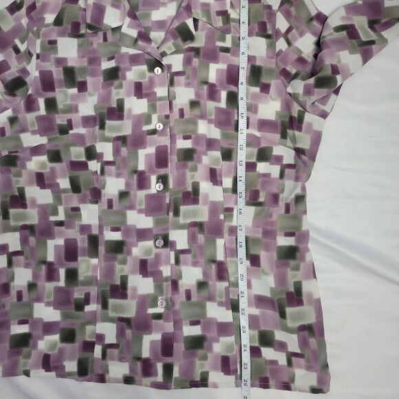 VINTAGE 90s blouse purple geometric print button up padded shoulder‎ top L - Picture 7 of 7